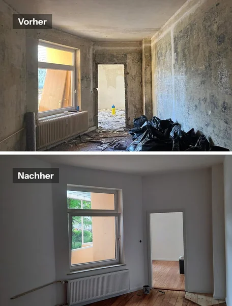 Saniertes Eckzimmer mit neuem Fenster in einer Altbauwohnung