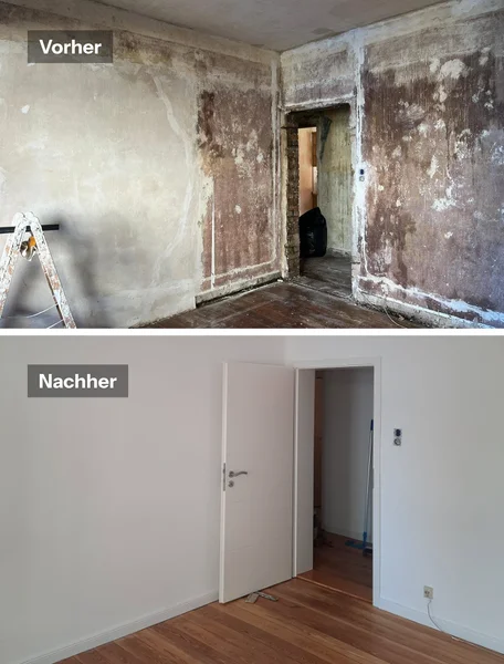 Vorher-Nachher-Ansicht eines Raums: verputzte Rohbauwand vor der Sanierung, neue Zimmertür mit Zarge und frisch gestrichene Wände nach der Sanierung