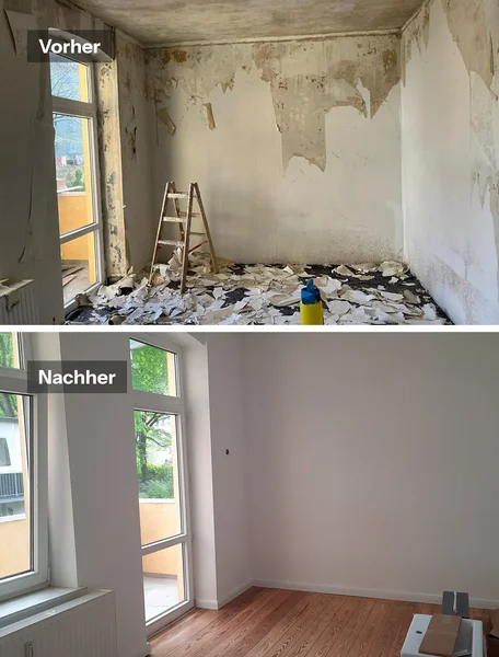 Altbauwand vor und nach dem Verputzen, Tapezieren und Streichen