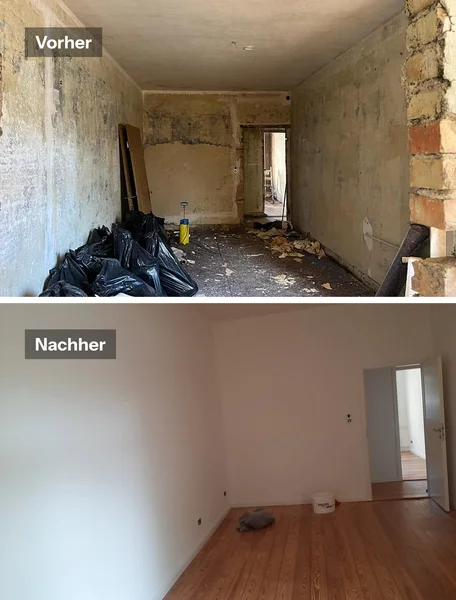 Vorher-Nachher-Ansicht eines Zimmers: Entkernung mit Bauschutt und Entsorgungssäcken vor der Sanierung, fertig verputzte und gestrichene Wände nach der Renovierung