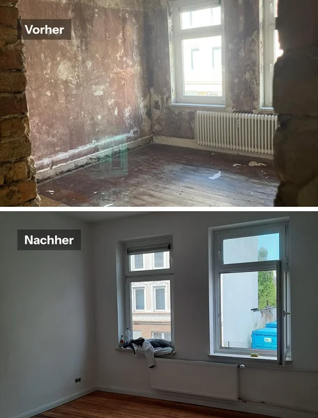 Vorher-Nachher-Ansicht eines Zimmers: freigelegtes Mauerwerk und alte Dielen vor der Sanierung, neu gestrichene Wände mit saniertem Fenster und Heizkörper nach der Renovierung