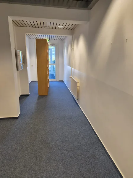 Flur mit Holzschrank am Ende, Wände in hellem Grauton gestrichen