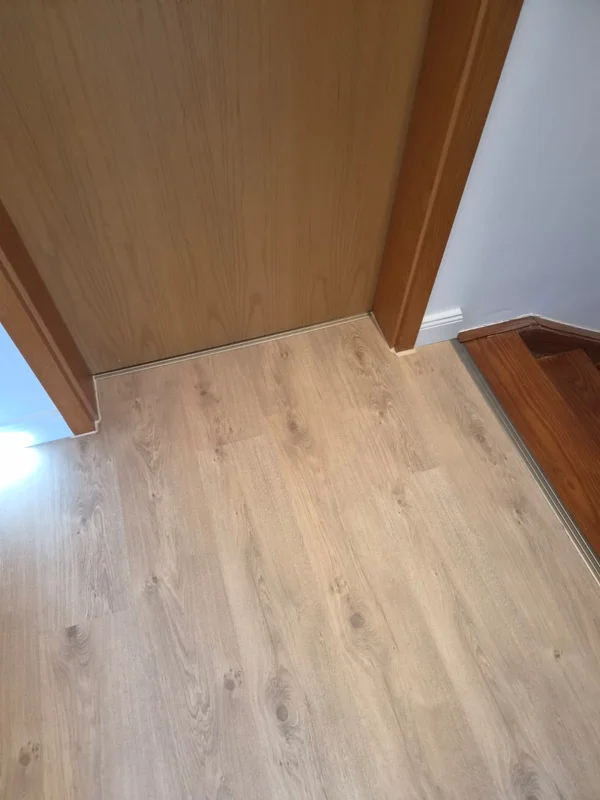 Übergang an der Türschwelle vom neuen Laminat zur Treppe, sauber mit einer Aluminiumschiene gelöst